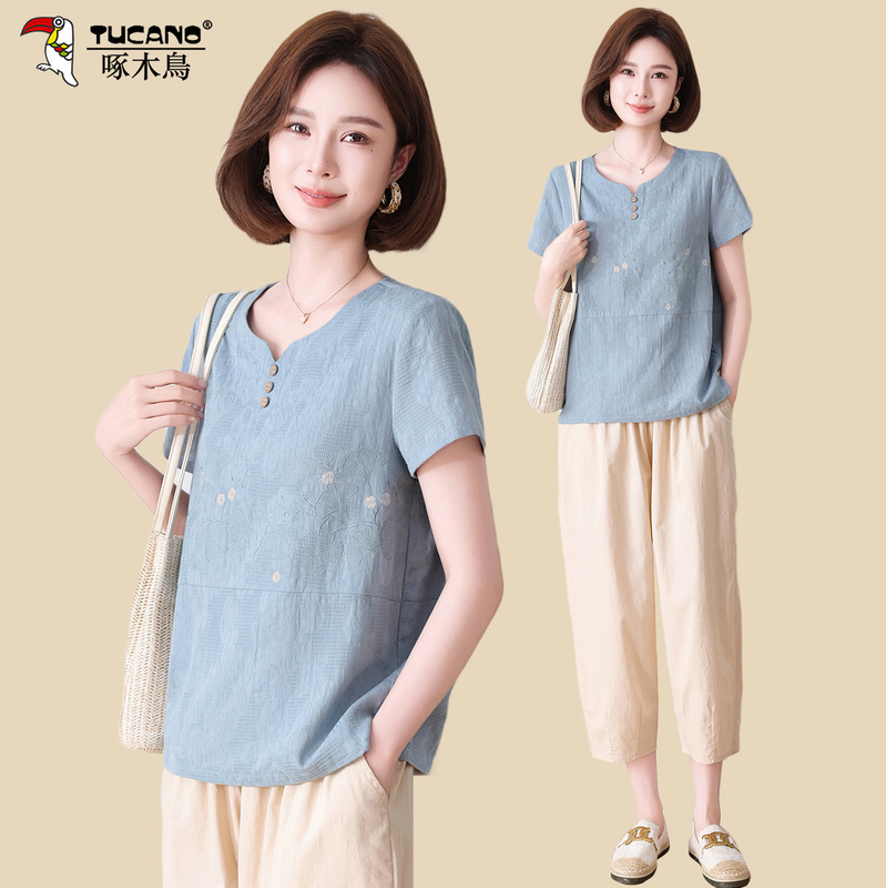 Woodpecker Middle-Aged Mother Summer Suit 2026 Pure Cotton Short-Sleeved T-Shirt Loose New Style Stylish Embroidered Two-Piece Set Woodpecker Middle-Aged Mother Summer Suit 2026 Pure Cotton Short-Sleeved T-Shirt Loose New Style Stylish Embroidered Two-Piece Set