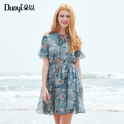 朵以秋款荷叶短袖碎花雪纺裙甜美系带连衣裙3