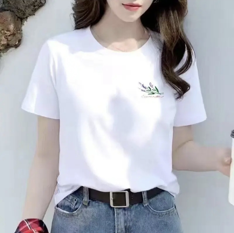 Summer Women's Casual Pure Cotton Printed Round Neck T-Shirt (Lavender) with Chest Logo Pattern Short Sleeves Summer Women's Casual Pure Cotton Printed Round Neck T-Shirt (Lavender) with Chest Logo Pattern Short Sleeves