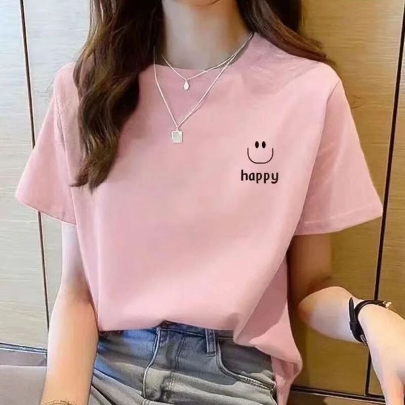 Summer Women's Pure Cotton Casual Printed Round Neck T-Shirt (Little Smiley Face) Pattern Short Sleeves