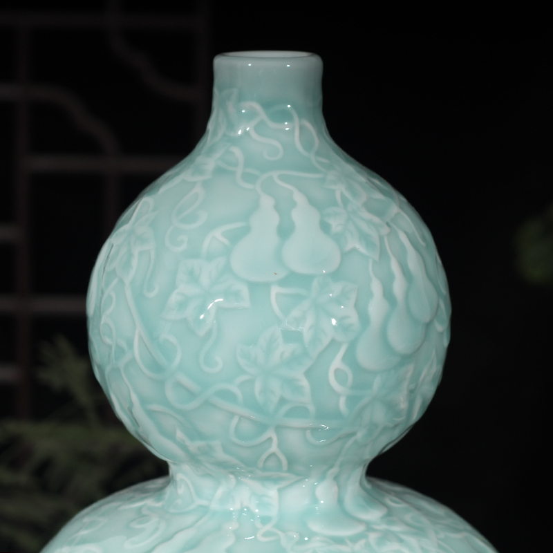 Jingdezhen gourd decorative vase pure color sky blue light with carved gourd gourd porcelain porcelain vase