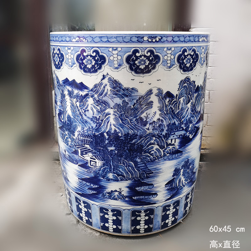 Jingdezhen blue and white landscape landscape umbrella barrel quiver big brush pot collection value - added vase sitting room adornment