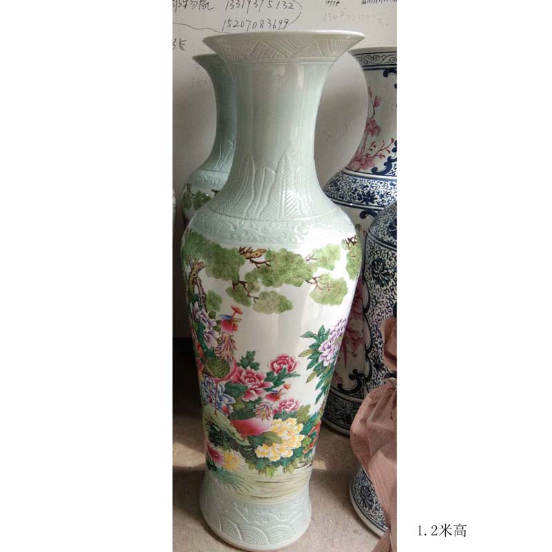 Jingdezhen color peony flowers and birds display a sitting room be born big vase is 1.2 meters high display porcelain vase peony