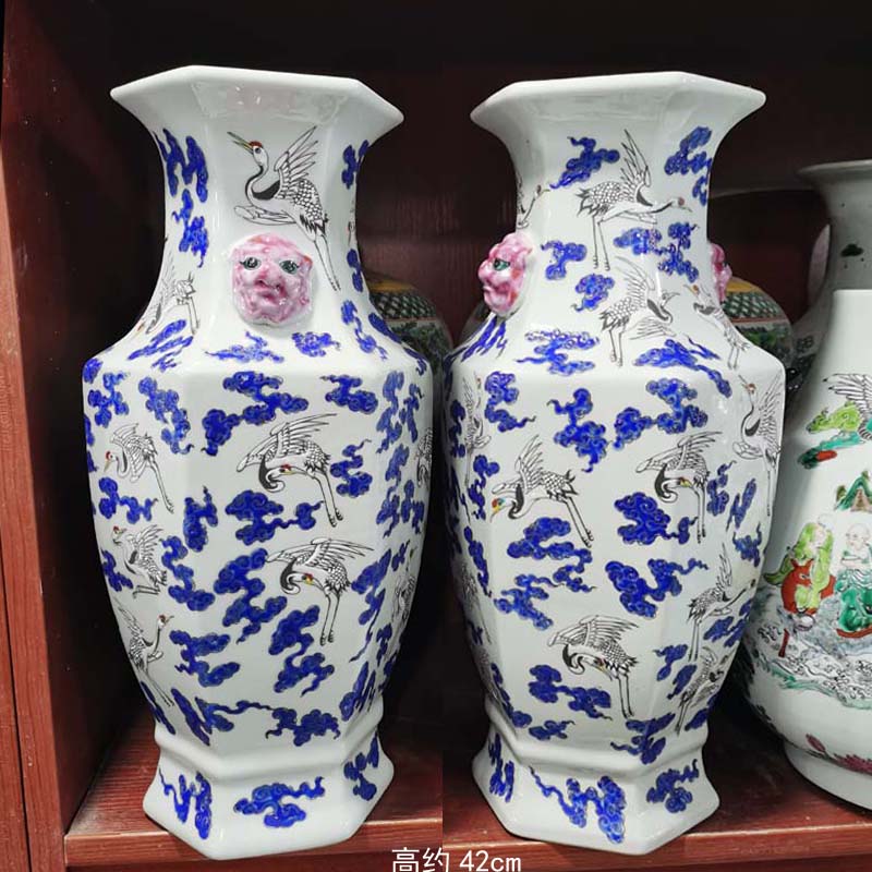 Jingdezhen pastel cranes vase lion pastel colors antique vase fish algae lines 40 high peacock 30 to 35