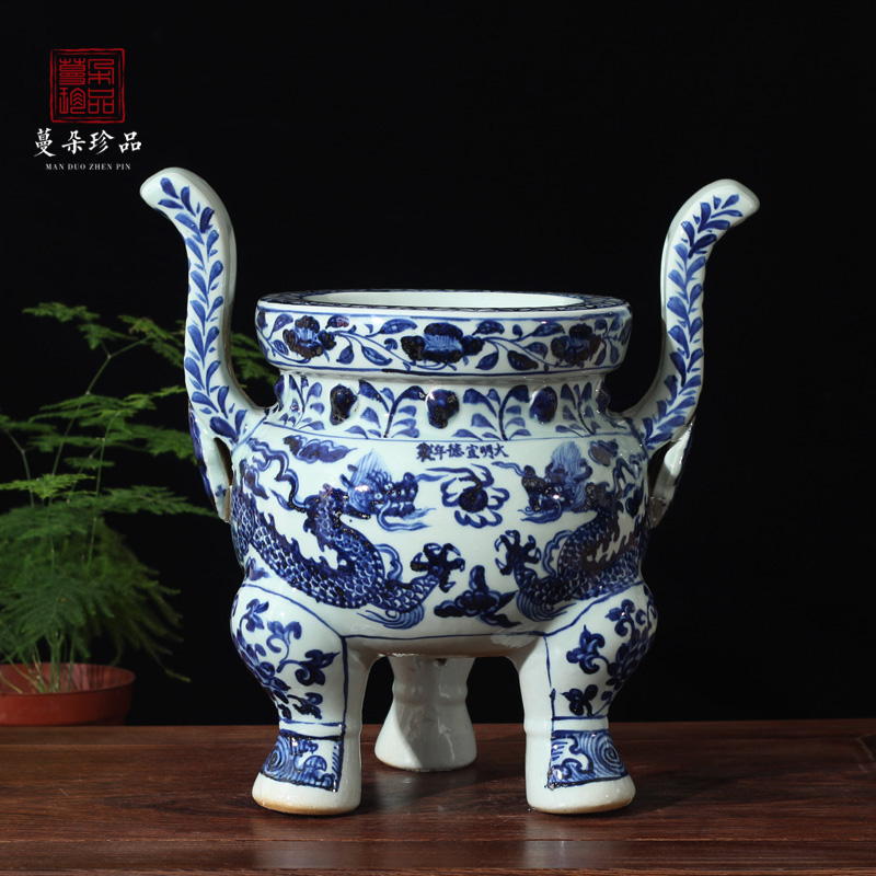 Jingdezhen blue and white dragon candlestick porcelain big censer 45 senior high for 3570 suits for dragon temple incense buner