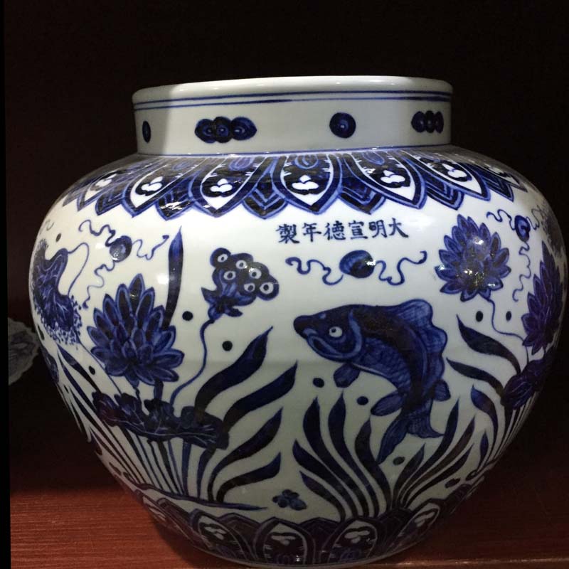 Jingdezhen hand - made generic POTS lotus yuanyang fish yuan blue and white porcelain vase peony design and color large pot of yuan dynasty