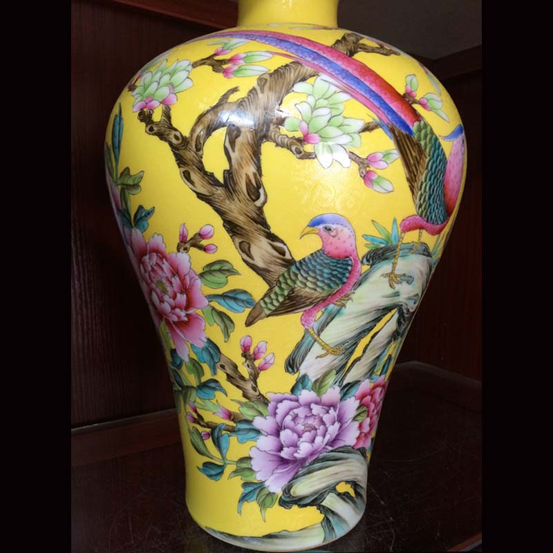 Jingdezhen qianlong general hand - made yellow peony quail enamel pot mei bottles of celestial up the vase