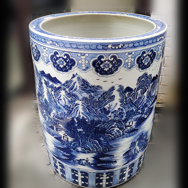 Jingdezhen blue and white landscape landscape umbrella barrel quiver big brush pot collection value - added vase sitting room adornment