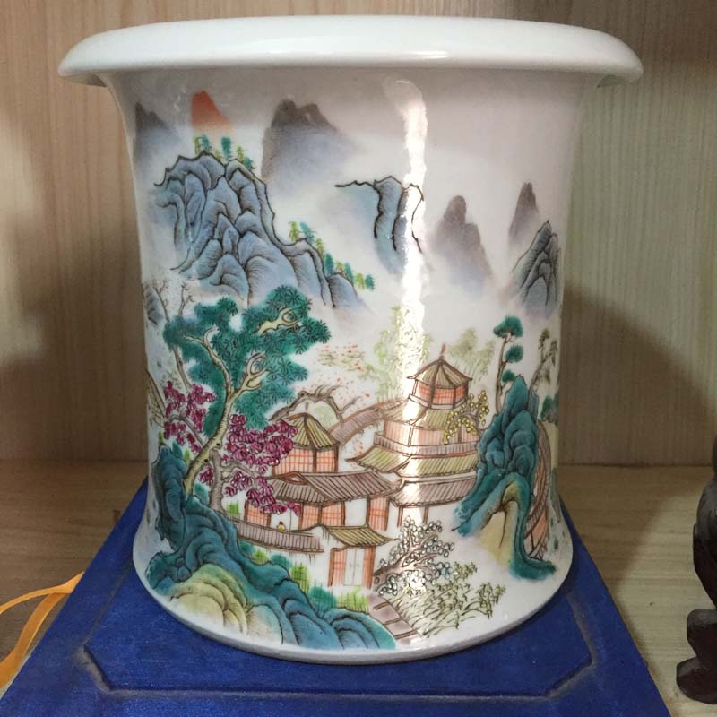 Jingdezhen hand - made China landscape brush pot gift porcelain brush pot identifiers dress brush pot scenery landscape culture