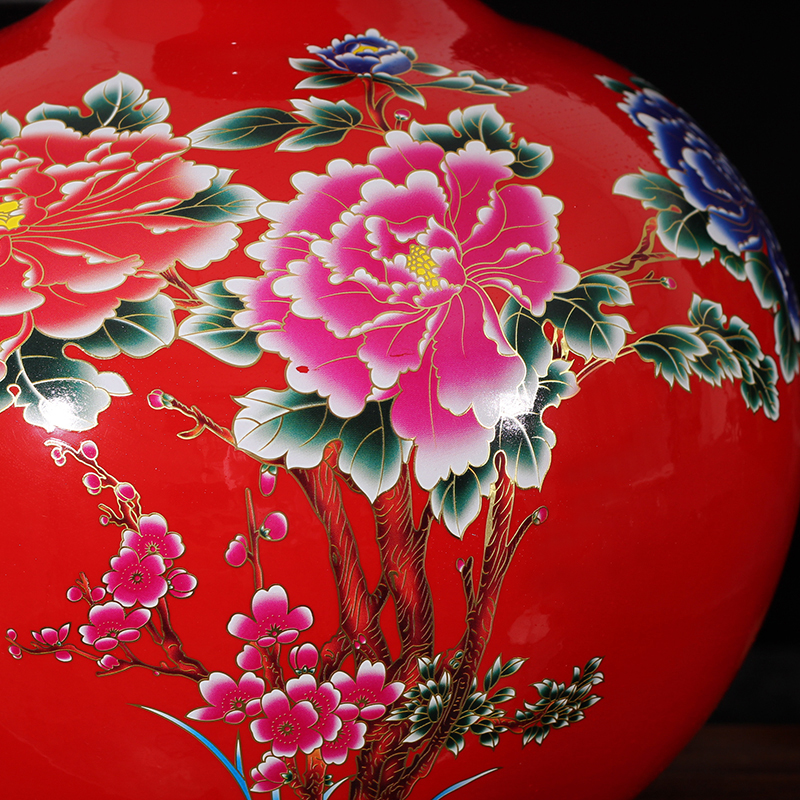 Jingdezhen spherical pomegranate red display bright red porcelain vase auspicious peony porcelain vases round vase