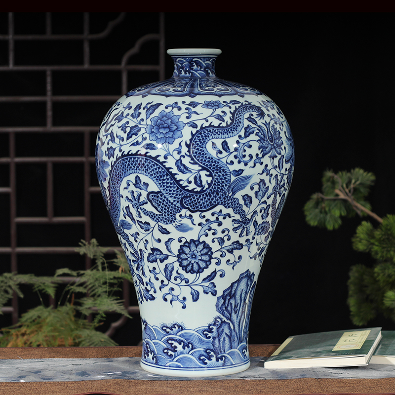 Jingdezhen blue and white dragon hand - made mei bottle imitation qianlong anaglyph dragon around 35 cm45 high lotus lotus flower porcelain