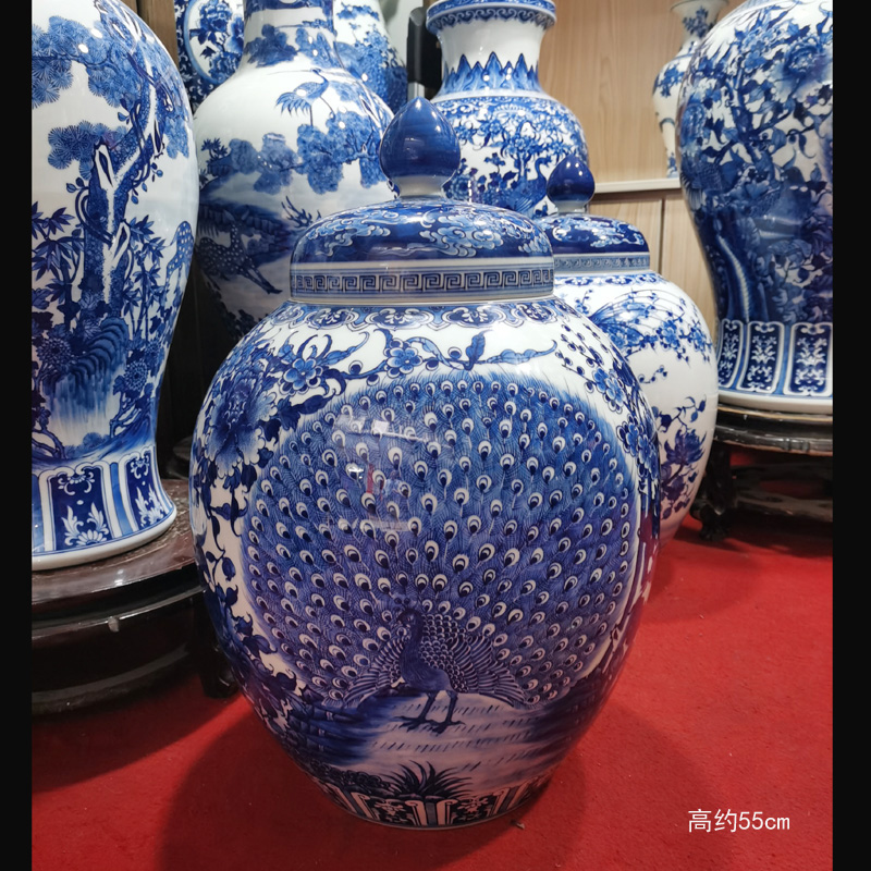 Jingdezhen blue and white peony flower adornment hand - made porcelain, 90-100 cm high general blue peacock general pot