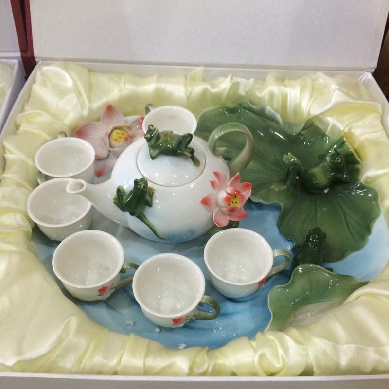 Jingdezhen Enamel Color Porcelain Tea Set Group Jingdezhen Three-dimensional Porcelain Lotus Gold Fish Tea Set Group