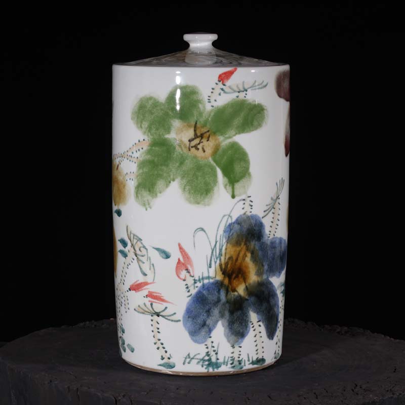 Jingdezhen authentic hand - drawn lotus tea, the seventh, peulthai the ceramic cover quiver straight tube ceramic porcelain rice pot