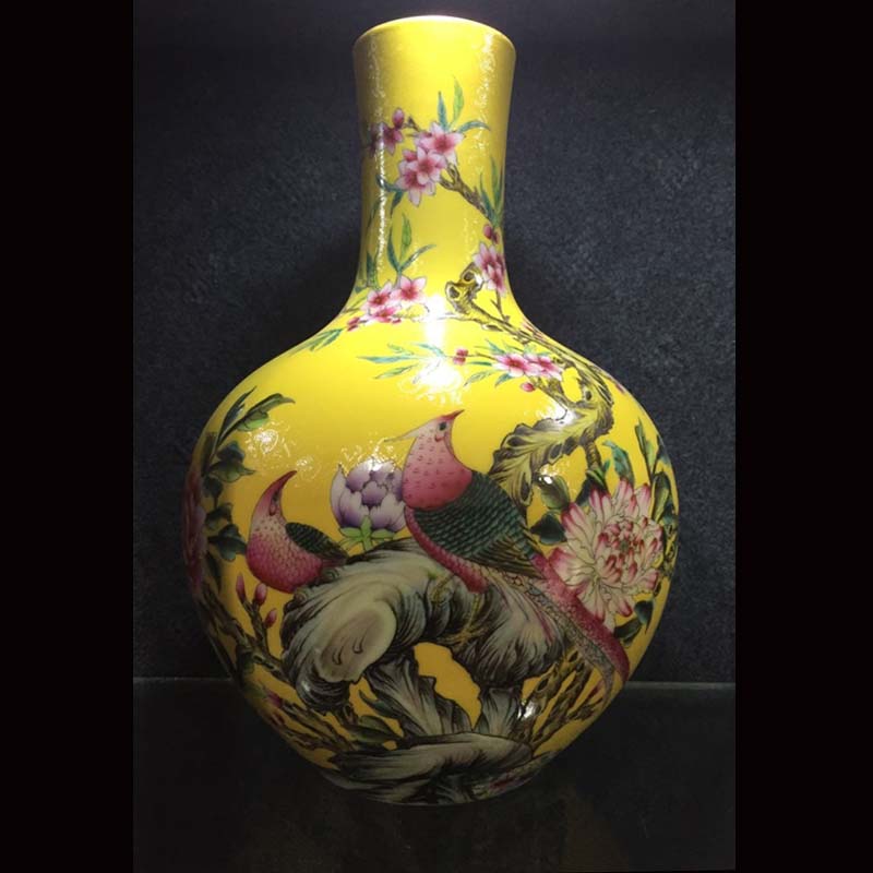 Jingdezhen qianlong general hand - made yellow peony quail enamel pot mei bottles of celestial up the vase