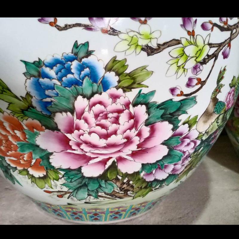 Jingdezhen painting enamel peony large cylinder diameter 50 cm ceramic art painting and calligraphy art ceramic cylinder