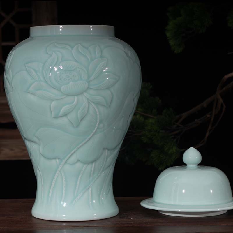 Jingdezhen high - end monochrome celadon cover tank mesa ceramic porcelain vase shadow carving cover general pot