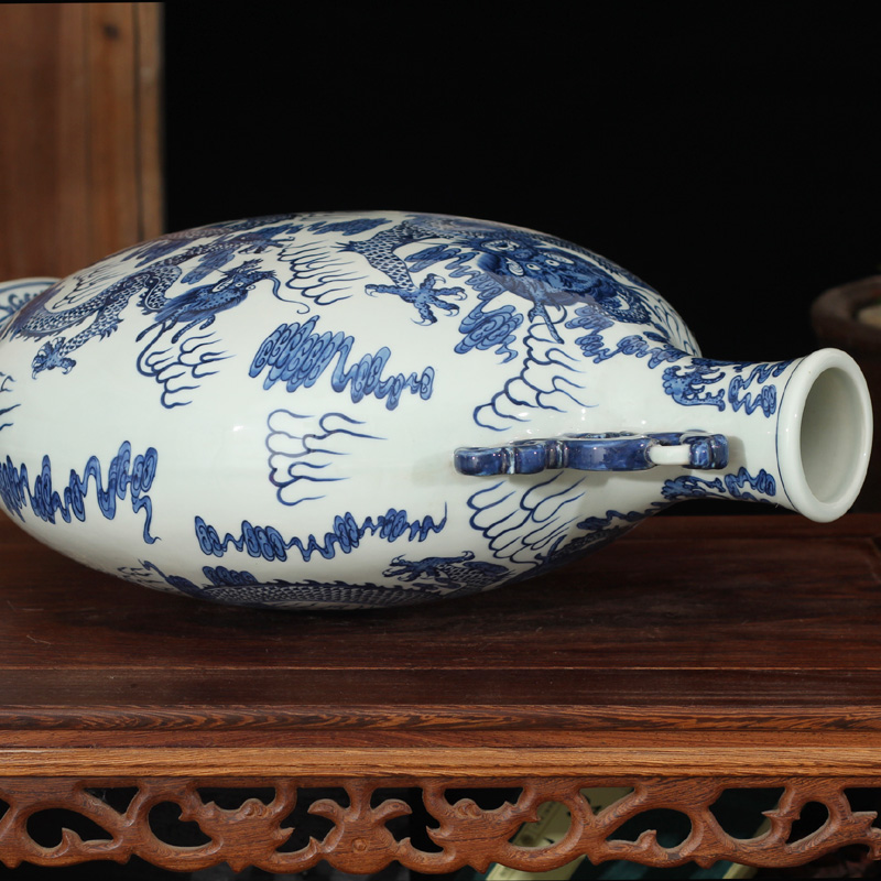 Jingdezhen guanyao flat bottles of high - grade hand - made porcelain imitation antique furniture blue and white dragon art porcelain vase