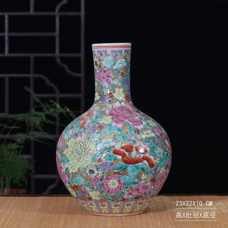 Jingdezhen hand - made famille rose flower display mesa high - grade prosperous powder enamel vase vase golden golden crane