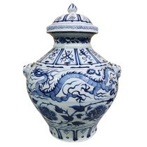 High imitation of the Yuan blue and white cloud and dragon pattern animal ear lid jar unearthed in Gaoan Jiangxi Province and the peony dragon pattern tiger head lid jar