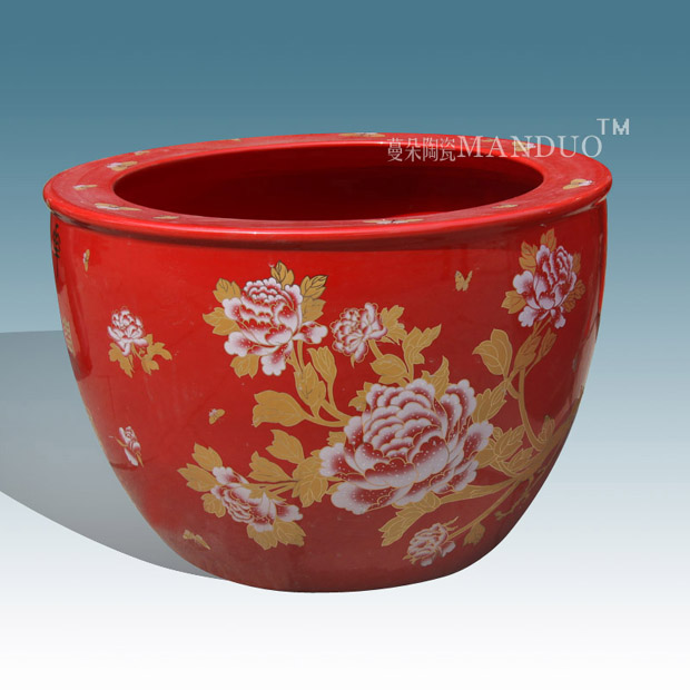 Jingdezhen red ceramic painting and calligraphy cylinder cylinder aquarium goldfish tortoise porcelain red festive and wedding accessories