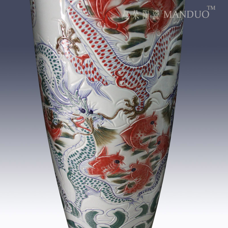 Jingdezhen carved dragon red carp lines of large vase opening taking culture gifts of the enterprises