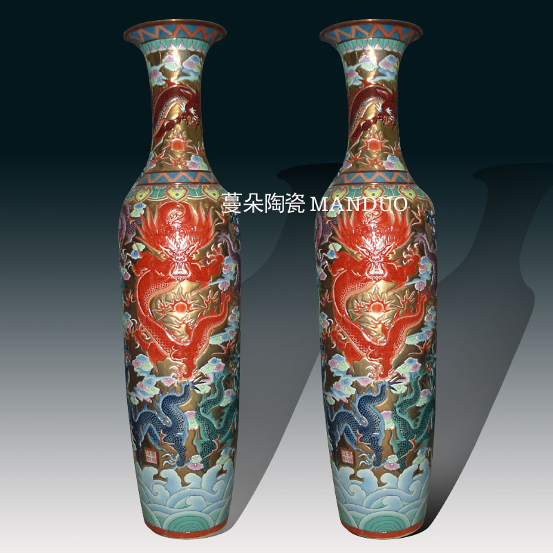 Jingdezhen is 2.2 meters high gold lumbricus grain big vase custom relief dragon air vase