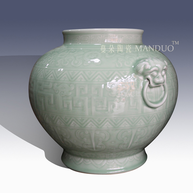 Jingdezhen high - end antique vase 30 double lion handle high about celadon about 40 high pure color cylinder quiver monochrome