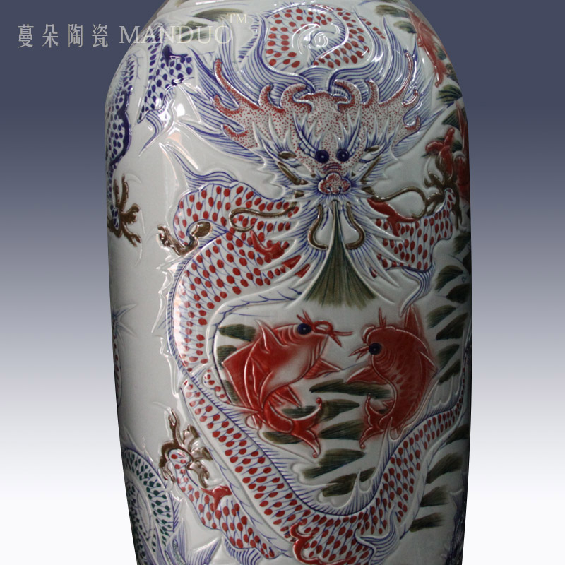 Jingdezhen carved dragon red carp lines of large vase opening taking culture gifts of the enterprises