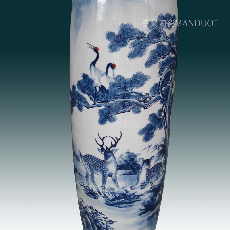 Jingdezhen hand - made crane pine deer blue and white porcelain vase, 100-110 high hand - made picture display large vase