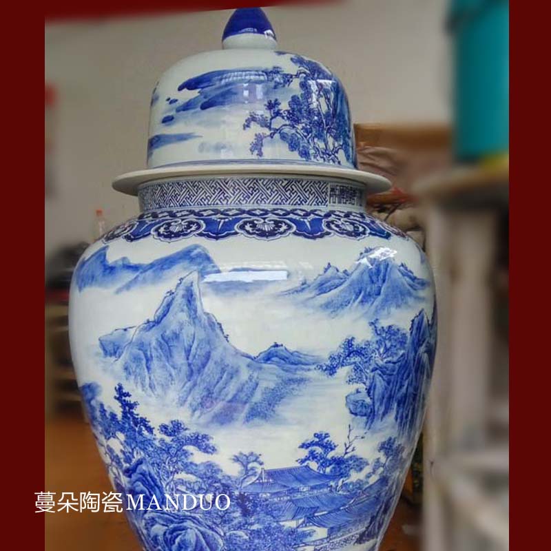 Jingdezhen pure hand - made copy general kangxi porcelain pot 1 meter high pure hand - made fret about landscape