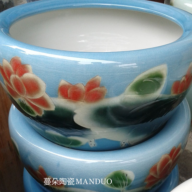 Jingdezhen green lotus piece of porcelain VAT, 500, 800 pieces of fish VAT yellow porcelain lotus painting and calligraphy cylinder