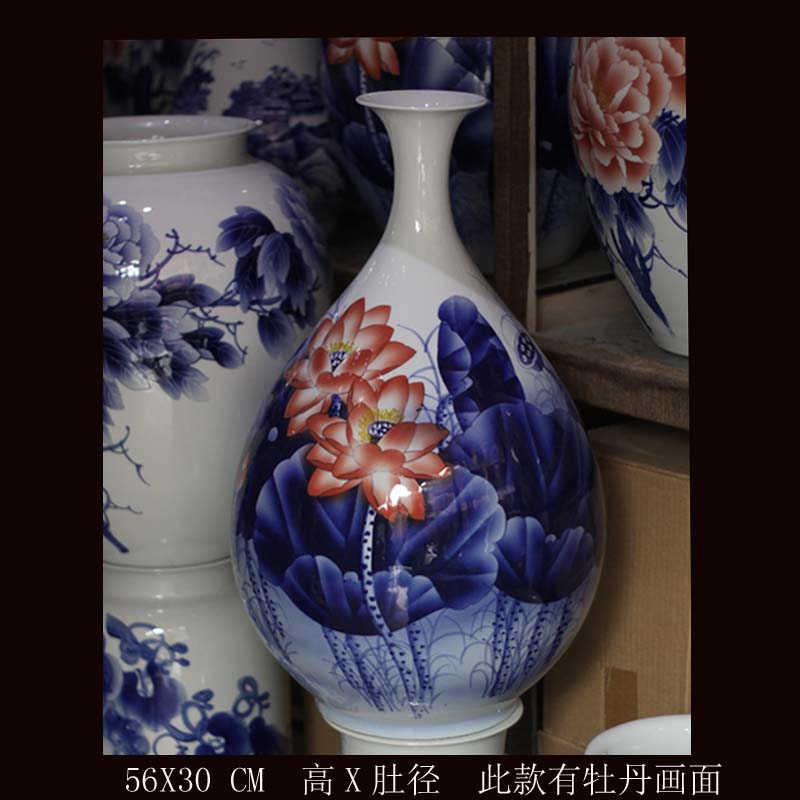Jingdezhen 45 cm 56 cm high hand hand color peony peony flowers display blue and white porcelain vase