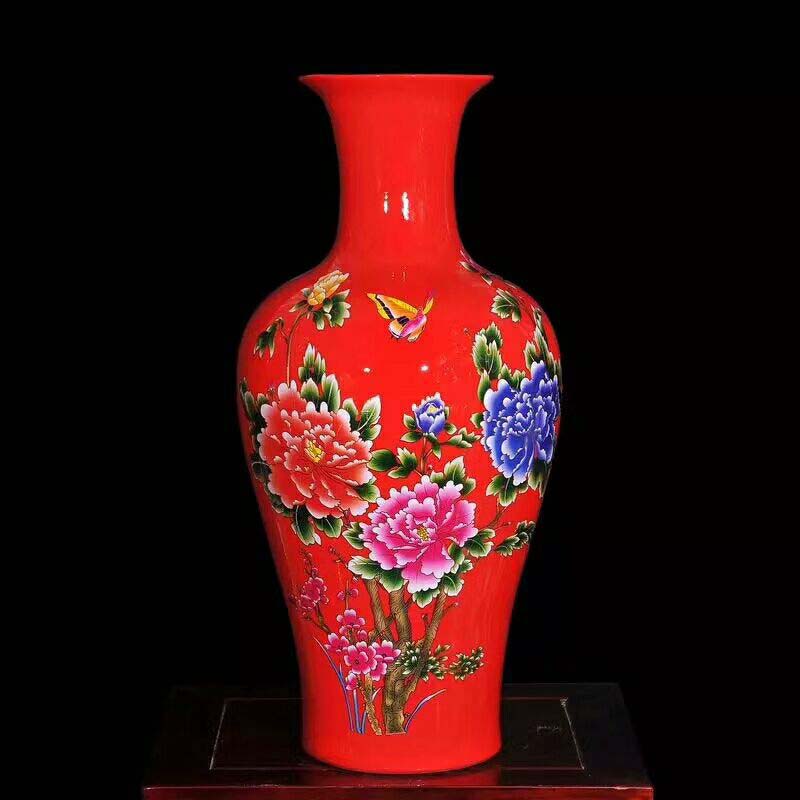 Jingdezhen 68 cm high ground vase of red peony lad vase jinding name plum flower vase peony bottle