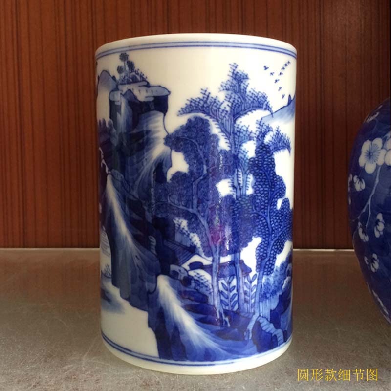 Jingdezhen hand - made scenery high - grade porcelain brush pot rich ancient frame display porcelain brush pot cap tube of pure hand - made of porcelain