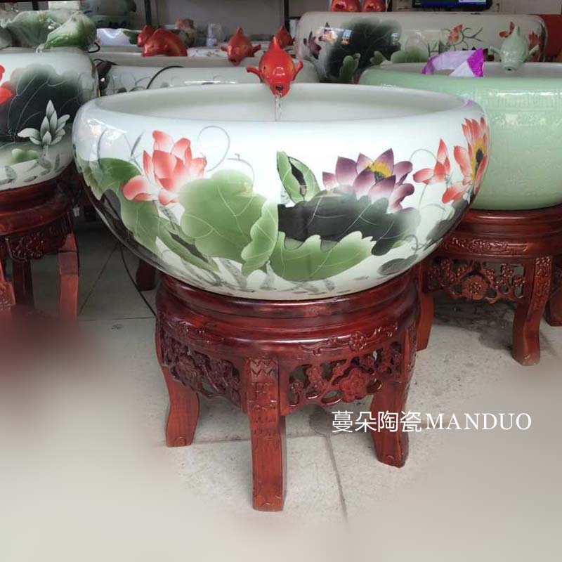 Jingdezhen up lotus circulating water aquarium fountain tortoise circulation tank cylinder high solid wood base