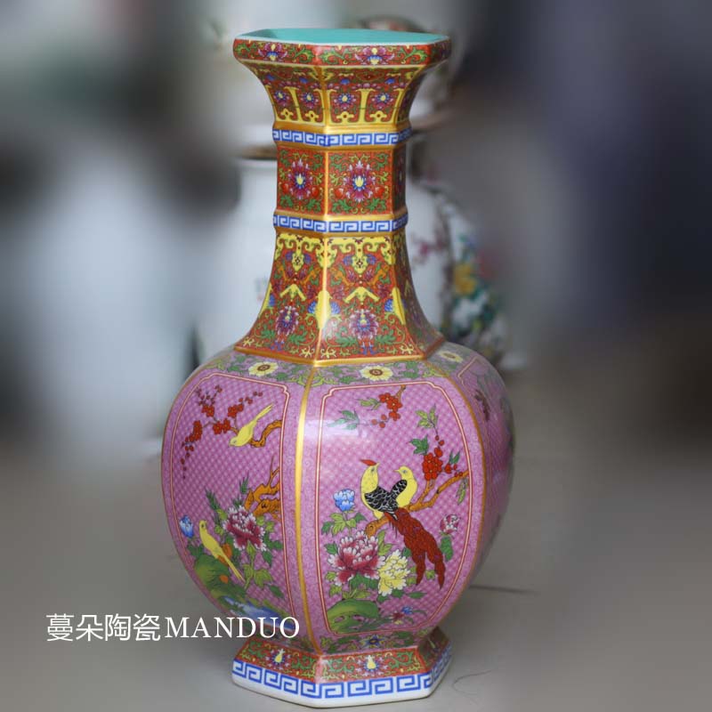 Jingdezhen archaize process hexagonal ceramic vase classical decoration furniture decoration accessories study elegant porcelain bottle