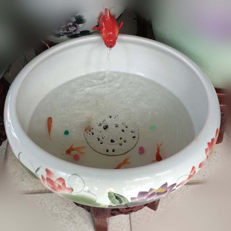 Jingdezhen up lotus circulating water aquarium fountain tortoise circulation tank cylinder high solid wood base