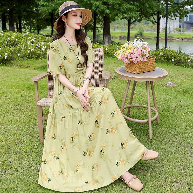 New Cotton Silk Plus-Size Young Summer Dress, Loose Floral Print, Slimming, Elegant Mother-Style Long Dress, Trendy Dress