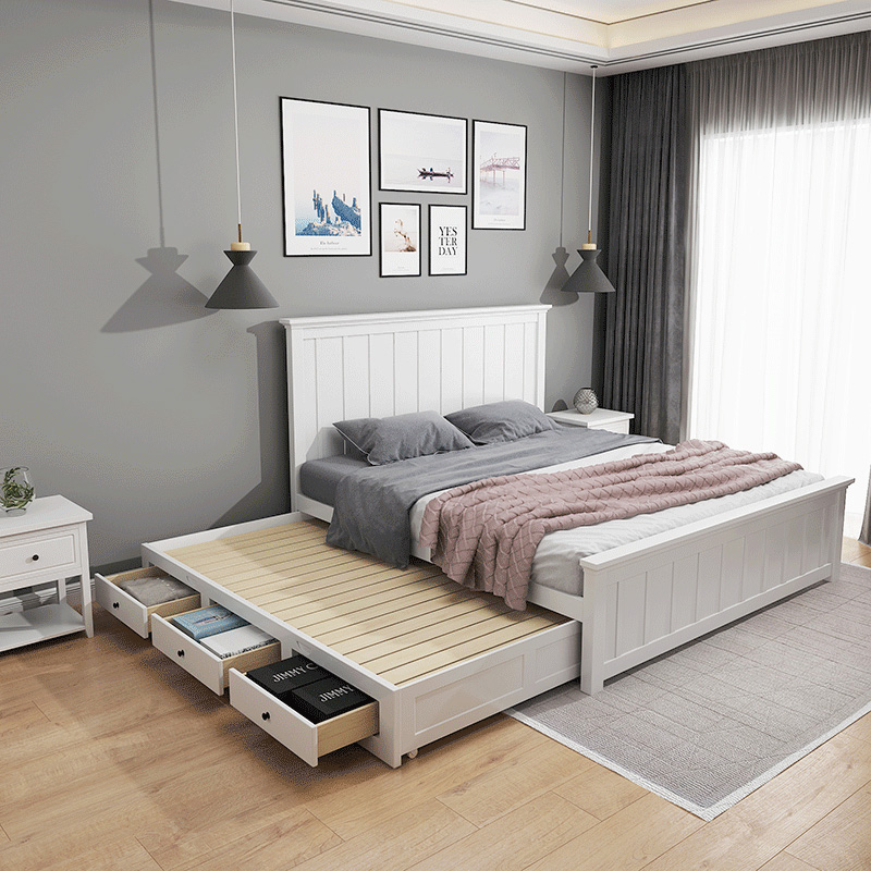 Solid wood bed 1 8 m Double primary-secondary bed minimalist white drawing drawbed with drawer towing bed 1 5 m High case containing bed
