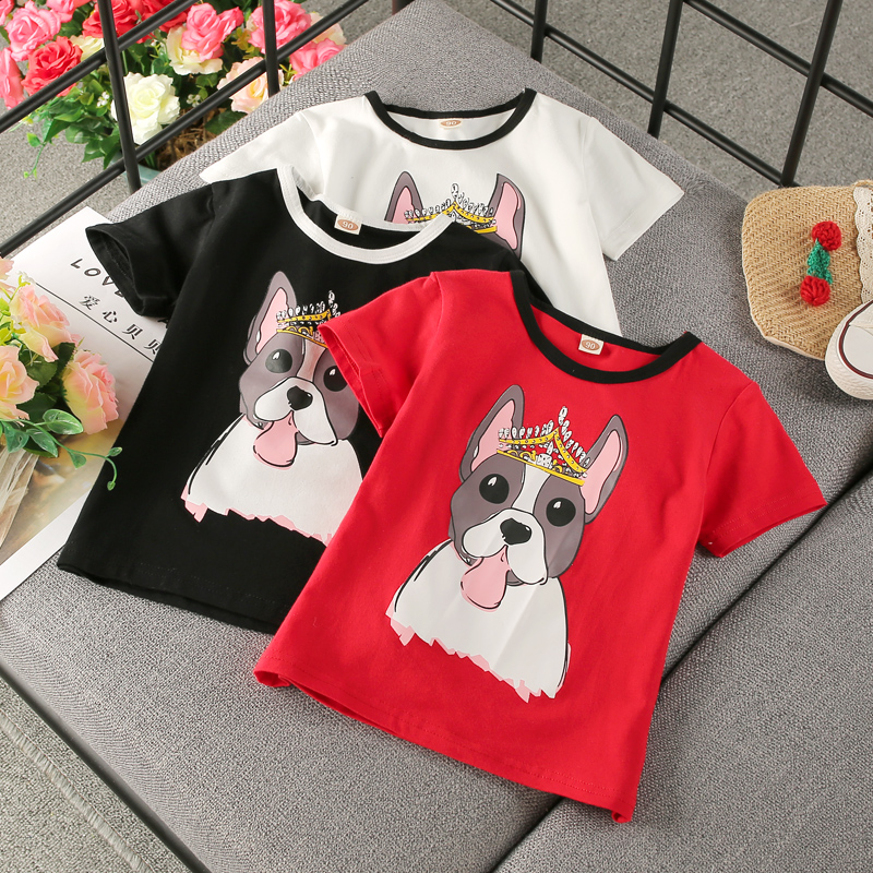 Cô gái thời trang new cartoon puppy in ngắn tay t-shirt 2018 mùa hè mát mẻ vòng cổ áo sơ mi bé quần áo