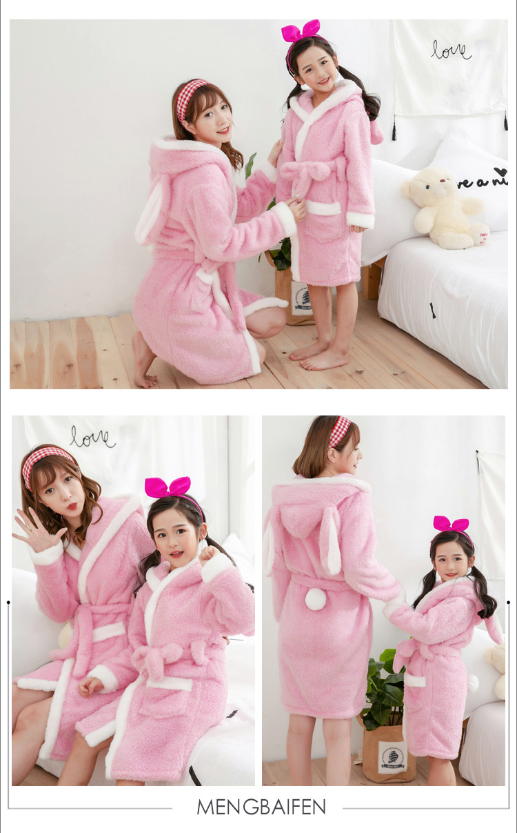 Áo ngủ cho trẻ em mùa thu và mùa đông dày flannel cha mẹ-con KT mèo lớn trẻ em gái cô gái lông cừu san hô áo choàng tắm nữ đồ ngủ bộ đồ dài tay nữ