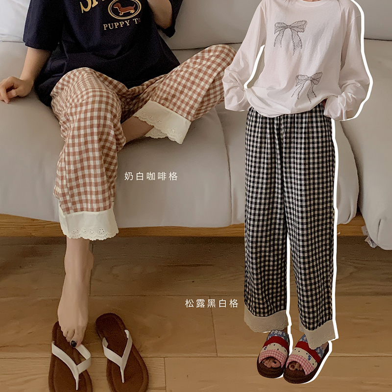 Lace Patchwork Japanese-Style Youthful Plaid Pants Versatile Casual Wide-Leg Pants for Home and Outdoor Wear Spring and Summer Pajama Pants