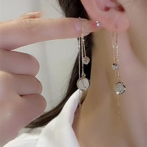 Fashionable cats eye stone tassel ear wire super fairy long round face earrings 2023 new temperament light luxury niche earrings