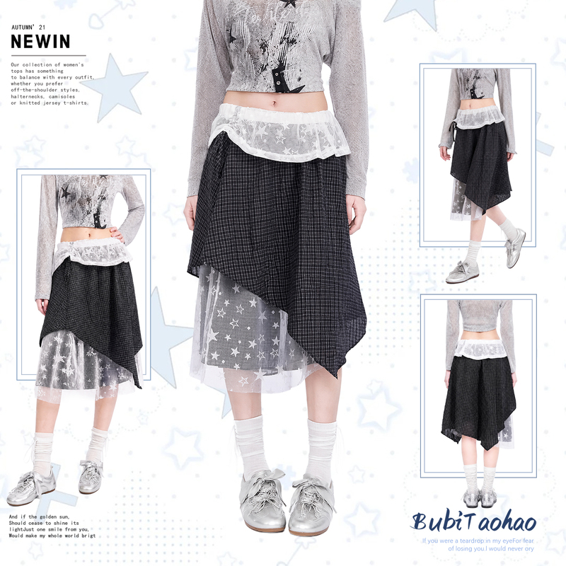 No Need to Please the Fashion Crowd: Lace Patchwork Plaid Irregular High-Waisted A-Line Skirt for Women, Unique Layered Mid-Length Skirt