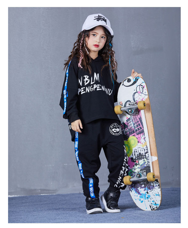 Trẻ em hip hop phù hợp với mùa thu đen dài tay hai mảnh nhảy đường phố quần áo lỏng lẻo trống trống trang phục thủy triều bộ đồ nhảy bé trai 
