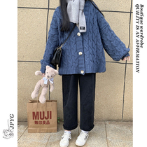 Retro Japanese Lazy Sweater Women Autumn and Winter Korean College Style Loose Thick Wool Knit Cardigan Top Jacket