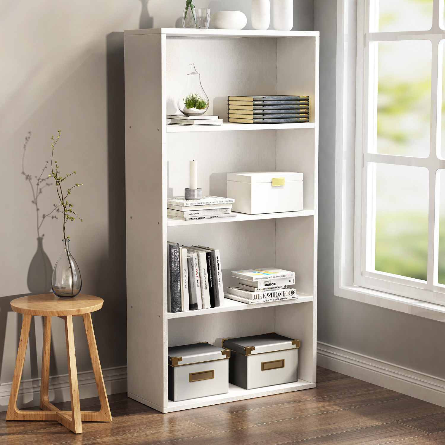 Solid Wood Children Simple Modern Bookshelf Floor Home Bedroom Multilayer Containing Floor Shelf Living Room Storage Floating Window Cabinet Bookcase