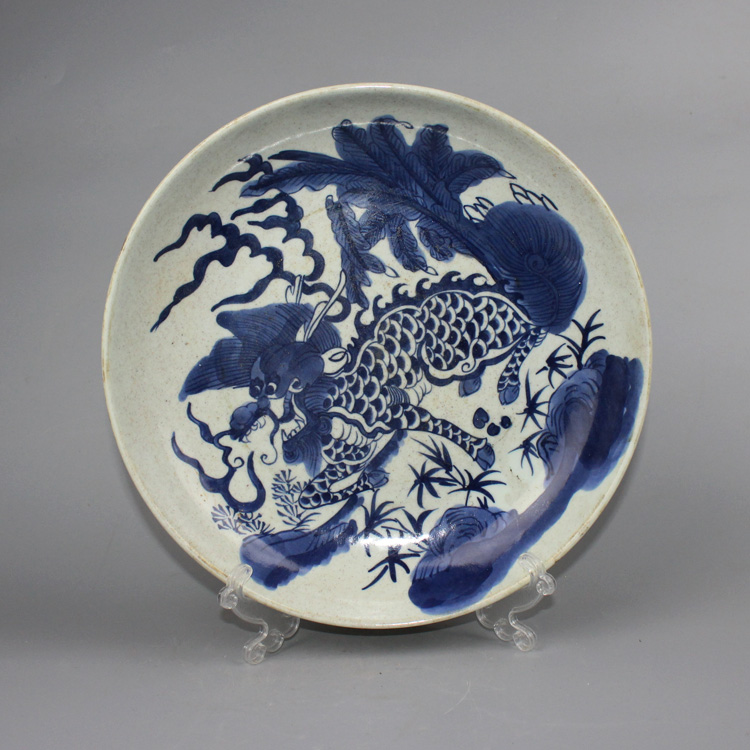 Qing blue and white painting unicorn pattern large plate wear sand bottom high imitation porcelain antique antique collection boutique home decoration ancient porcelain
