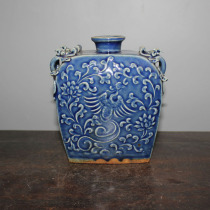 Yuan Sacrifice Blue Lettering Double Ear Flat Bottle Imitation Ancient Porcelain Ancient Play Antique Collection Old Kilo Sand Bottom Boutique de Jingdezhen